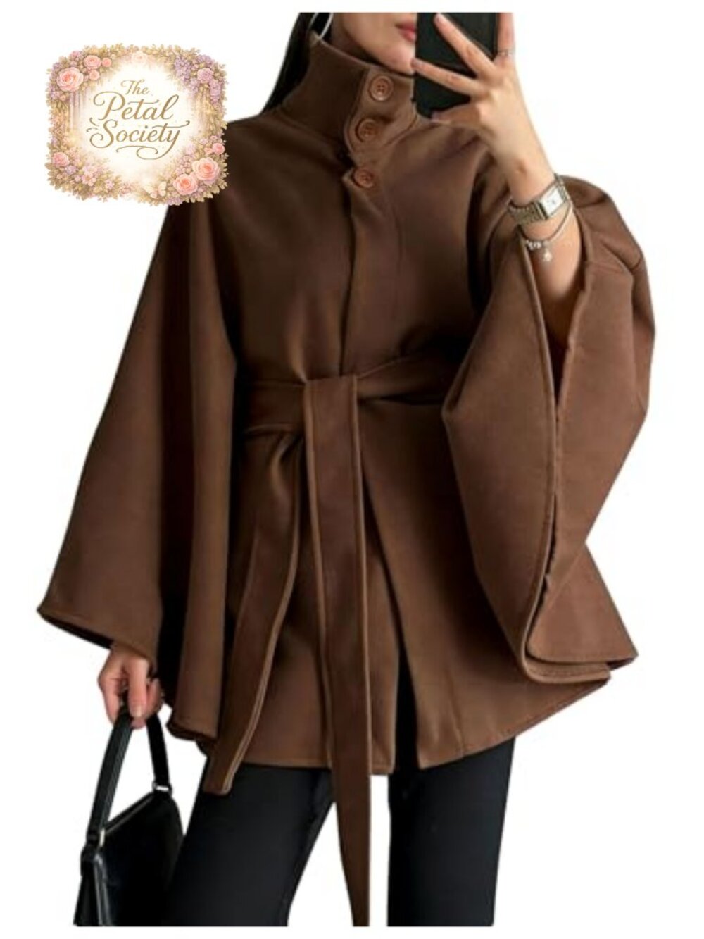 Womens Wool Blend Poncho Pea Coat Batwing Sleeve Belted Cape Trench